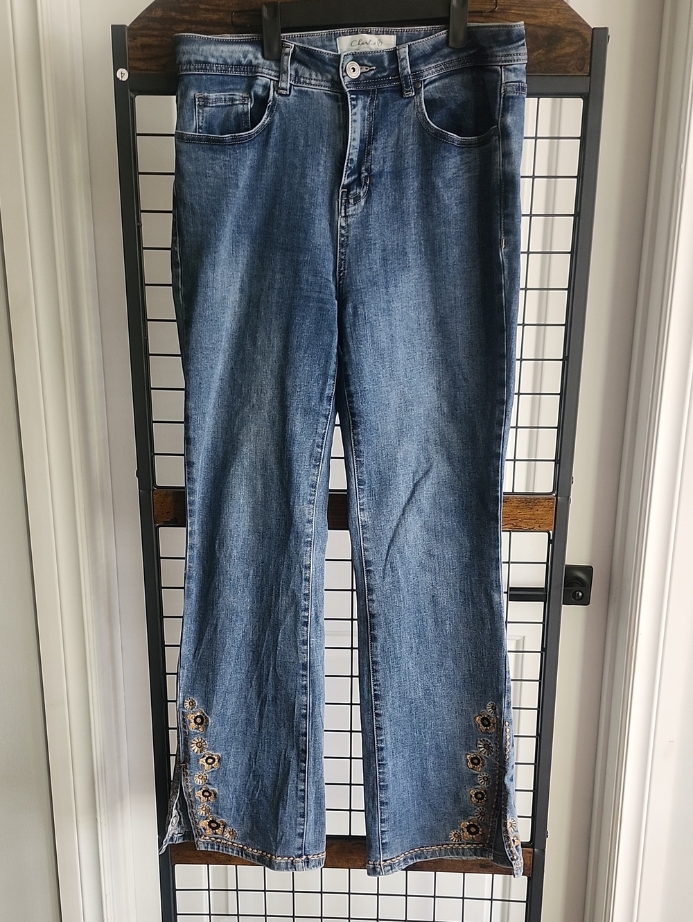 CHARLIE B Medium Blue Flare Jeans with Floral Trim